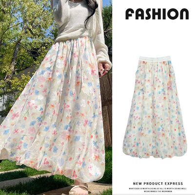 Sweet Floral Printing Chiffon Skirts Women Summer High Waist
