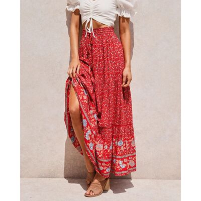 Happie Queens Women Red Floral Print Beach Bohemian Skirt Hi