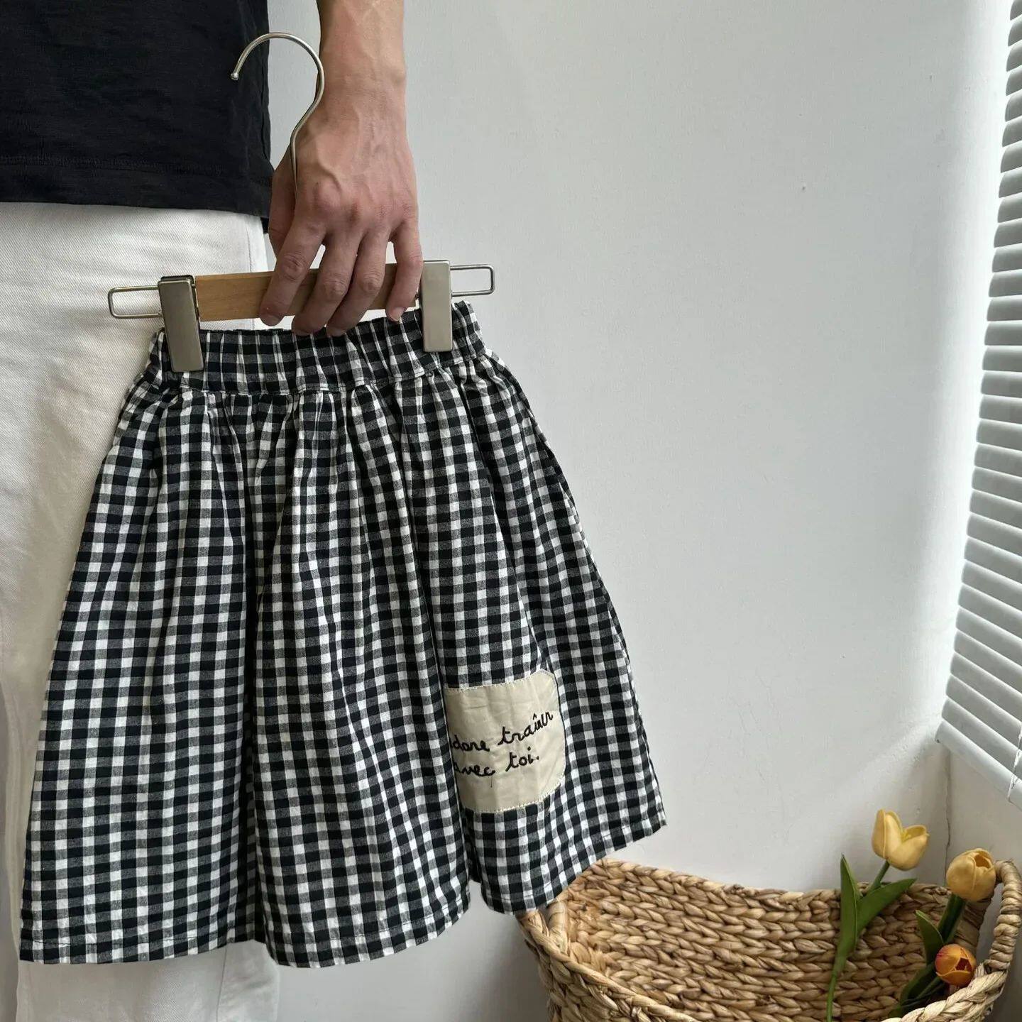 HoneyCherry Girls Patch Plaid Half-body Skirt Autumn New Gir