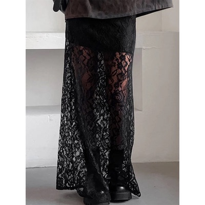 Women Lace Patchwork Long Skirts Vintage High Waist Solid Co