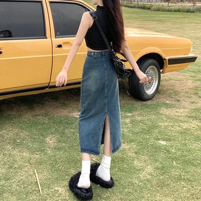 2024 New Spring Autumn High-Waisted Side Slit Denim Skirt Wo
