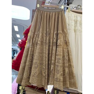 Vintage Skirts for Women Lace Hollow Out Female Maxi Skirt M