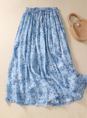 Limiguyue Ramie Dyed Floral Printing A-line Midi Skirt Liter