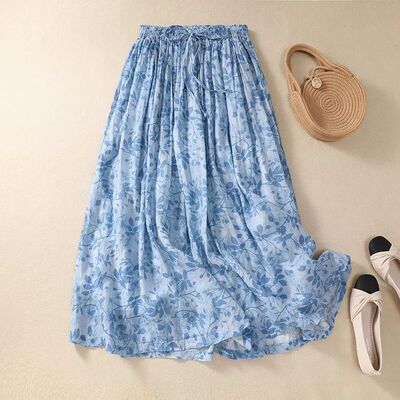 Limiguyue Ramie Dyed Floral Printing A-line Midi Skirt Liter