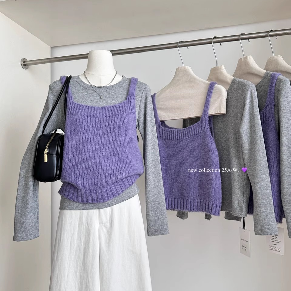 针织马甲背心叠穿撞色长袖T恤