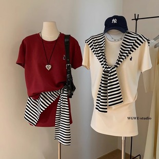 配披肩 高腰短裙半身裙两件套装 T恤 夏韩系慵懒风休闲圆领短袖
