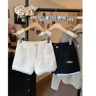 富家千金小香风毛呢a字短裤女秋冬外穿高腰显瘦蕾丝阔腿休闲裤子