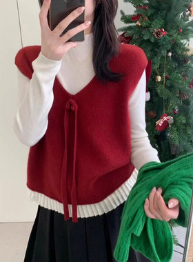 红色V领系带针织马甲女26春秋冬叠穿减龄蝴蝶结无袖坎肩背心上衣