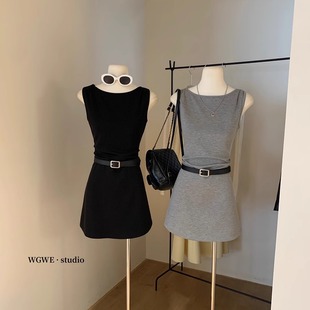 皮带 收腰短裙子 高级感气质显瘦纯色a字无袖 背心连衣裙女夏修身