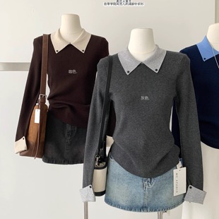 T恤打底衫 m1u系女孩 秋冬翻领长袖 POLO上衣假两件针织衫 拼色修身
