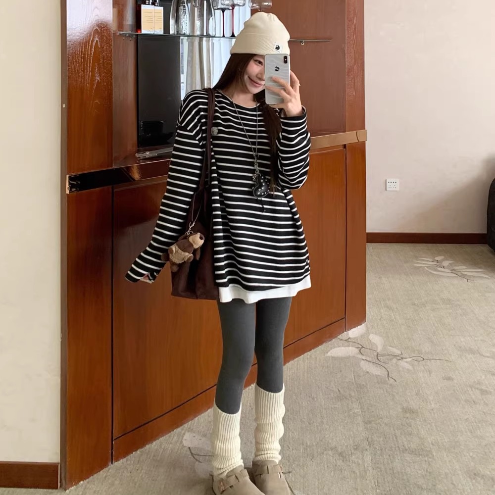 高级感条纹长袖T恤女秋冬加厚