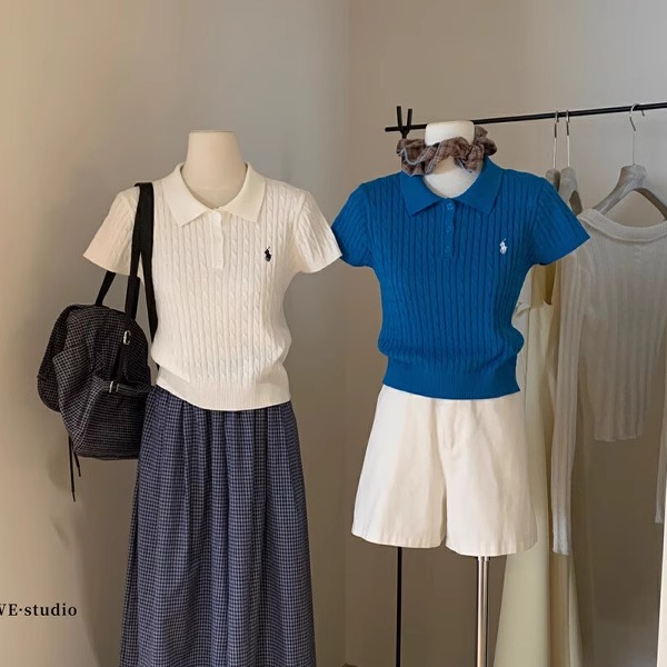 老钱风polo领刺绣麻花针织衫女