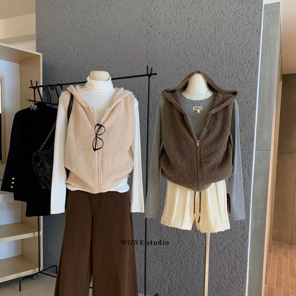 连帽叠穿拉链马甲背心开衫女秋冬