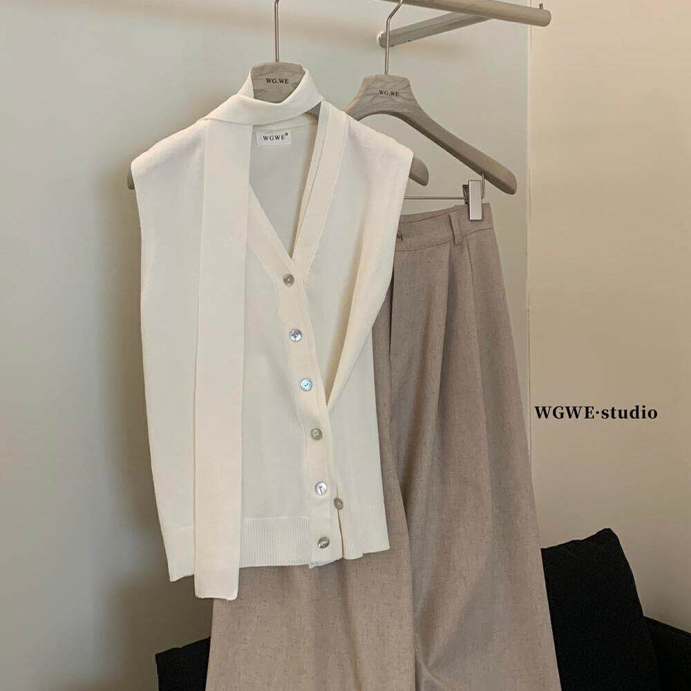 法式飘带v领西装马甲衬衫夏高级