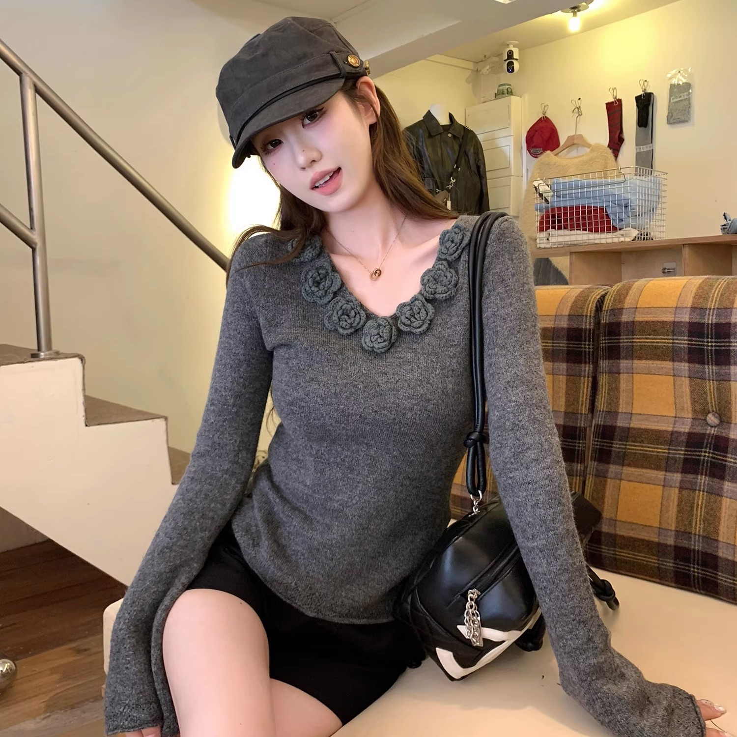 立体花朵气质修身长袖针织衫