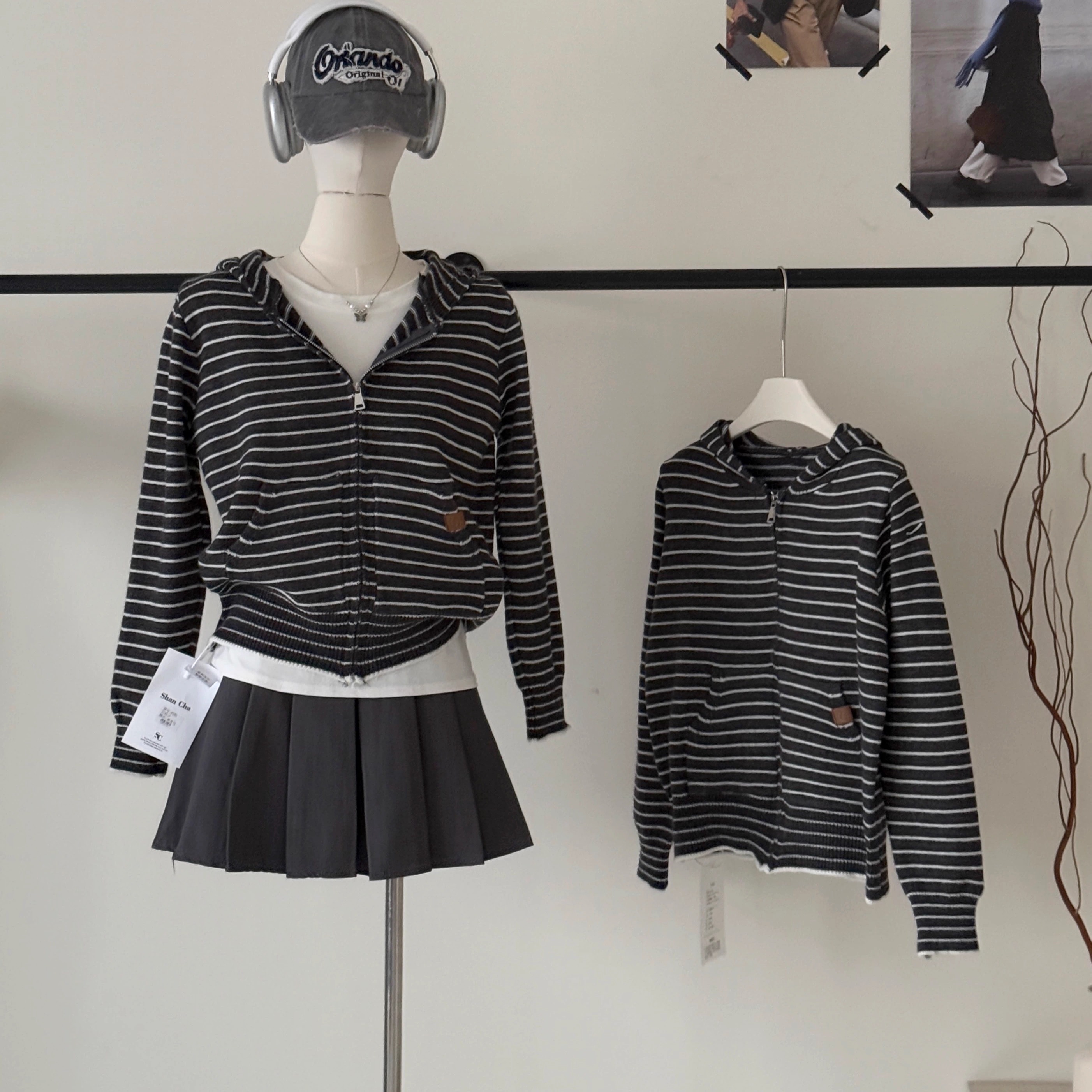 条纹拉链连帽卫衣外套女秋冬加厚