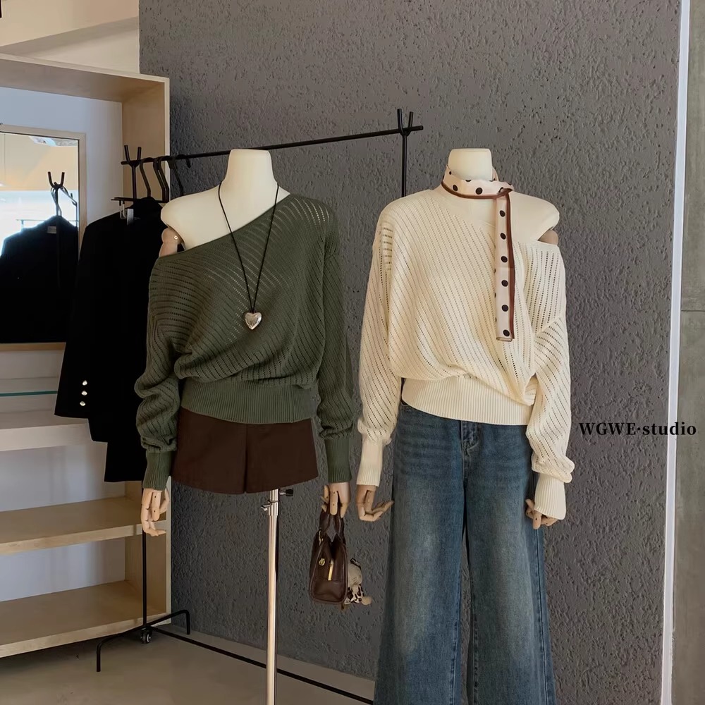 秋季氛围感镂空斜肩长袖针织衫