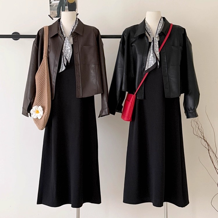 皮衣夹克外套黑色打底长裙丝巾