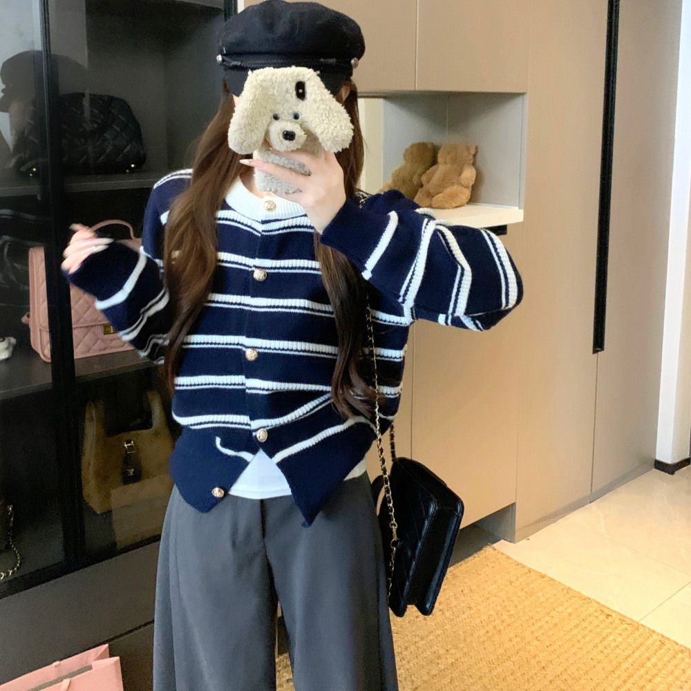 韩系小香风条纹长袖针织开衫女