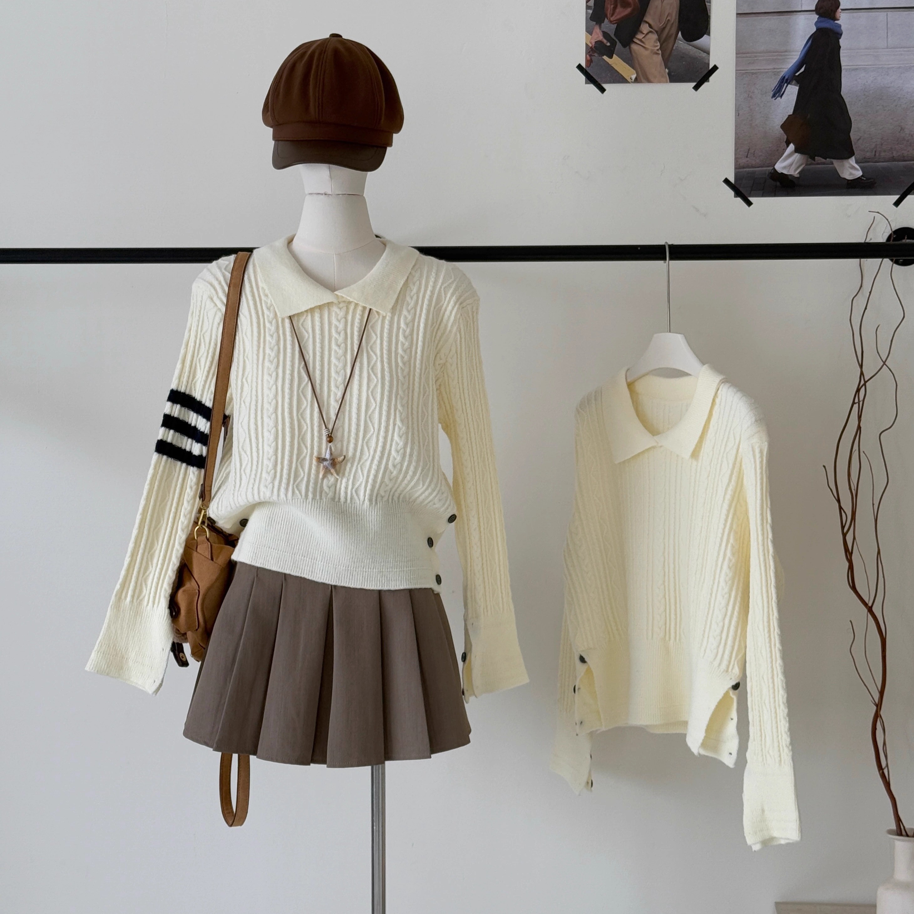 三条杠麻花套头毛衣女秋冬季正肩