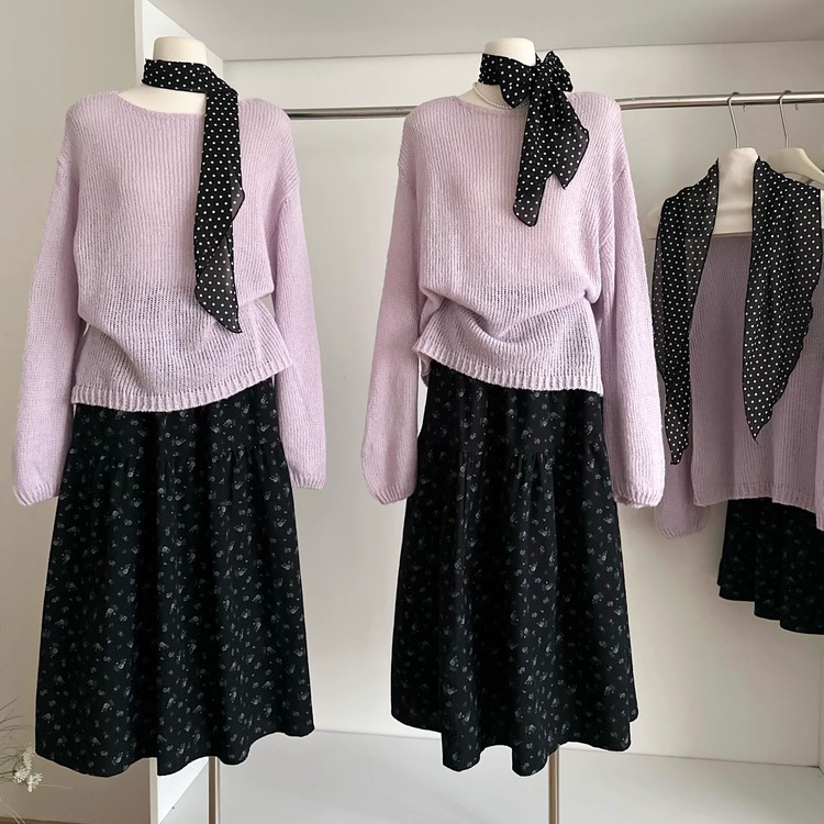 紫色毛衣女2025碎花连衣裙套装