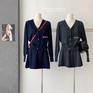 韩系V领木耳花边针织开衫 早秋一整套女 松紧腰A字半身裙巨好看