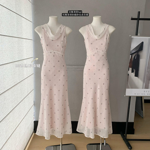 优雅荡领斜裁碎花连衣裙女夏季