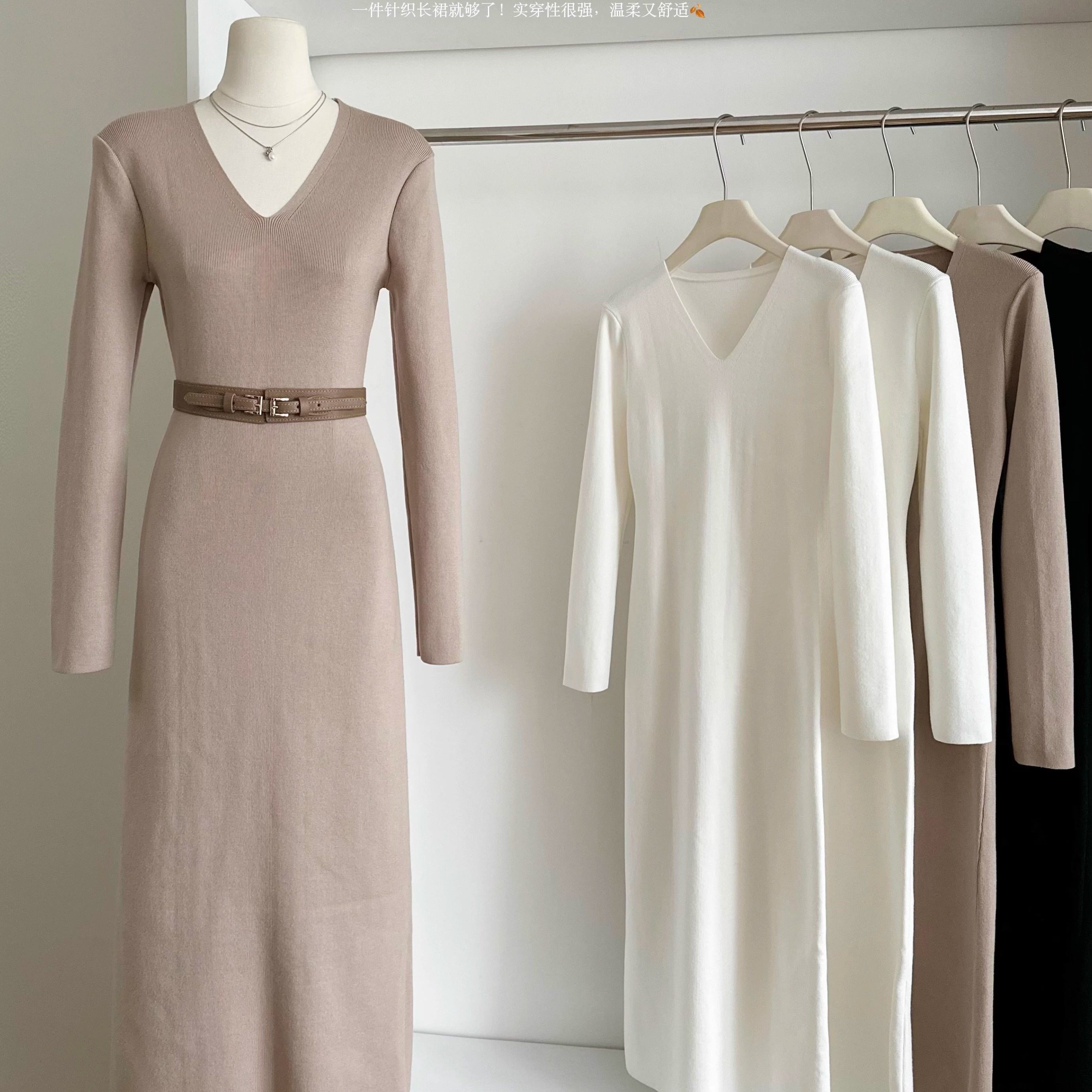 法式气质高级长袖v领针织连衣裙