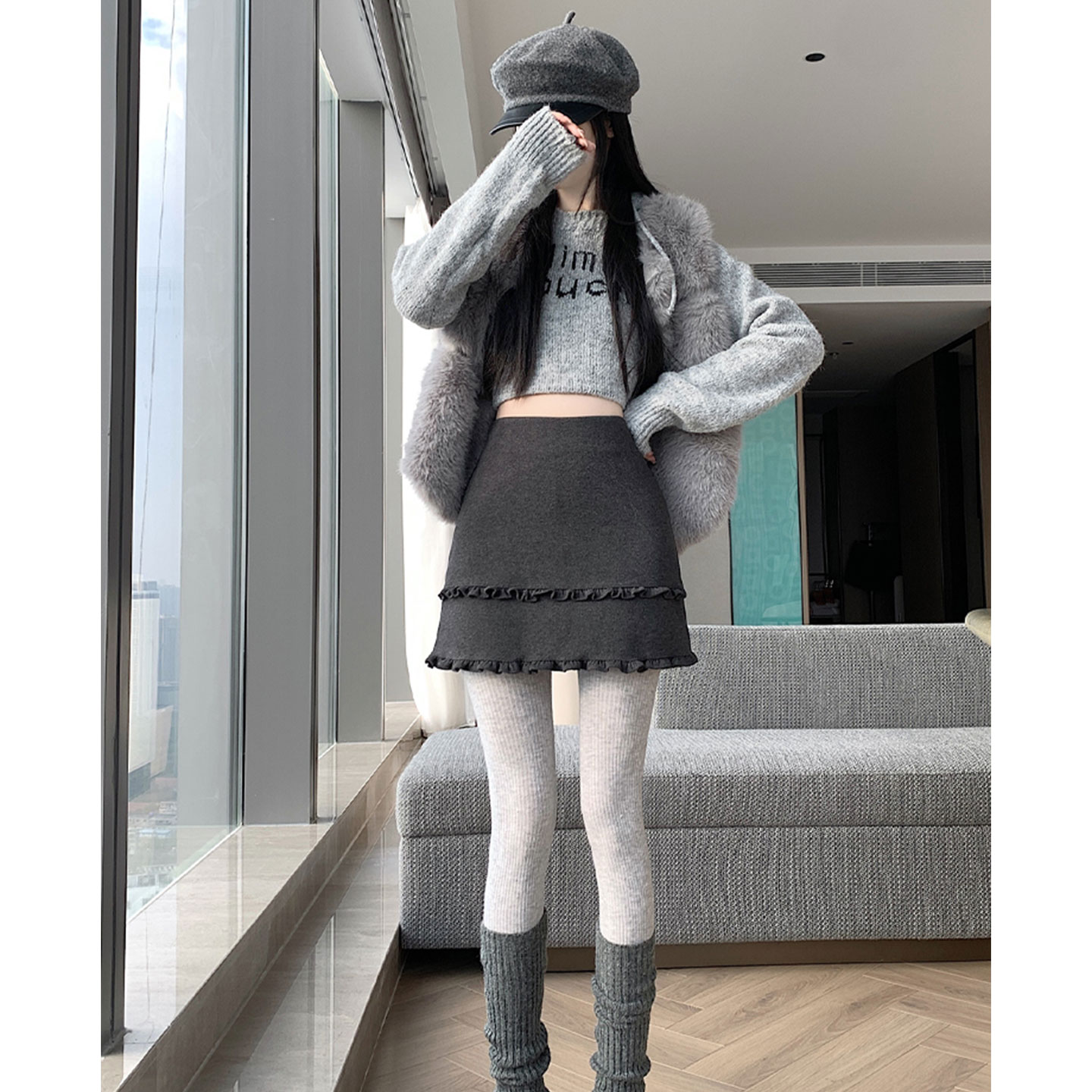 灰色包臀毛呢短裙女冬季新款