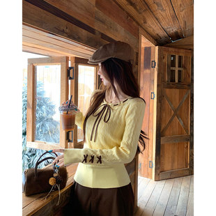 鹅黄色糯感蝴蝶结绞花修身针织衫女装春秋绝美巨好看的小上衣内搭