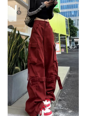 美式高街工装裤爵士跳舞宽松女秋冬酷飒风直筒拖地裤子红色运动裤