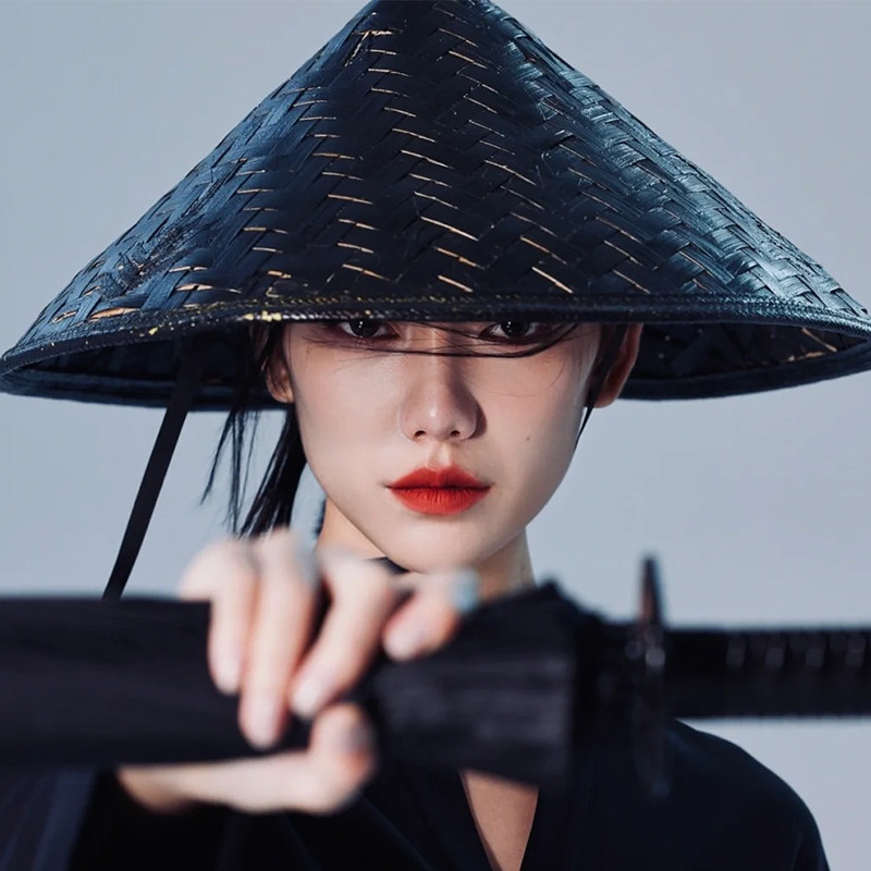 竹编斗笠帽古风侠客帽子武士帽遮阳防晒旅游帽舞台道具灯罩装饰