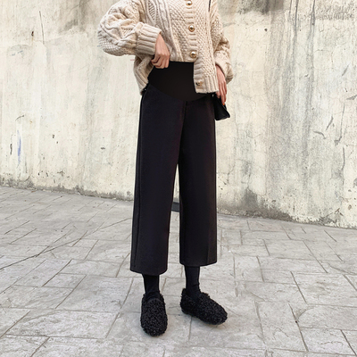 小个子孕妇裤秋冬款加厚毛呢阔腿裤高腰显瘦八分九分托腹休闲裤子