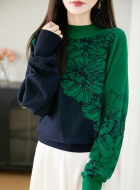 MONLOUVE气质绿色提花拼色毛衣女25秋冬加厚保暖打底针织衫百搭撞