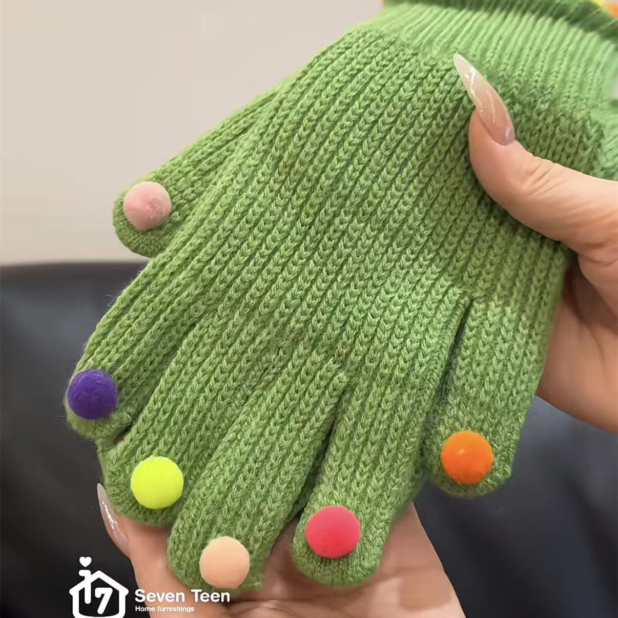 多色球球可爱彩色球球毛线针织手套女冬季高颜值保暖滑雪手套触屏