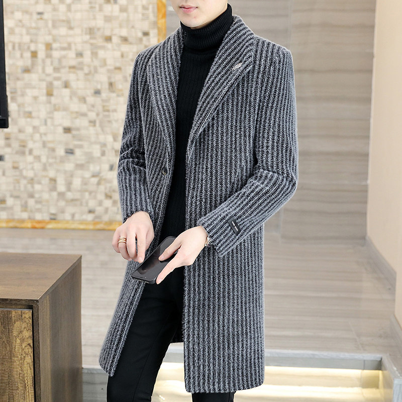 男士中长版条纹毛呢大衣冬装韩版修身风衣男装外套时尚保暖毛呢潮