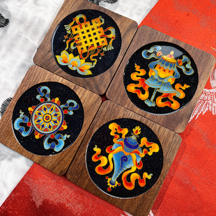 八宝吉祥胡桃木杯垫DIY全套釉料掐丝珐琅材料包景泰蓝非遗工艺品