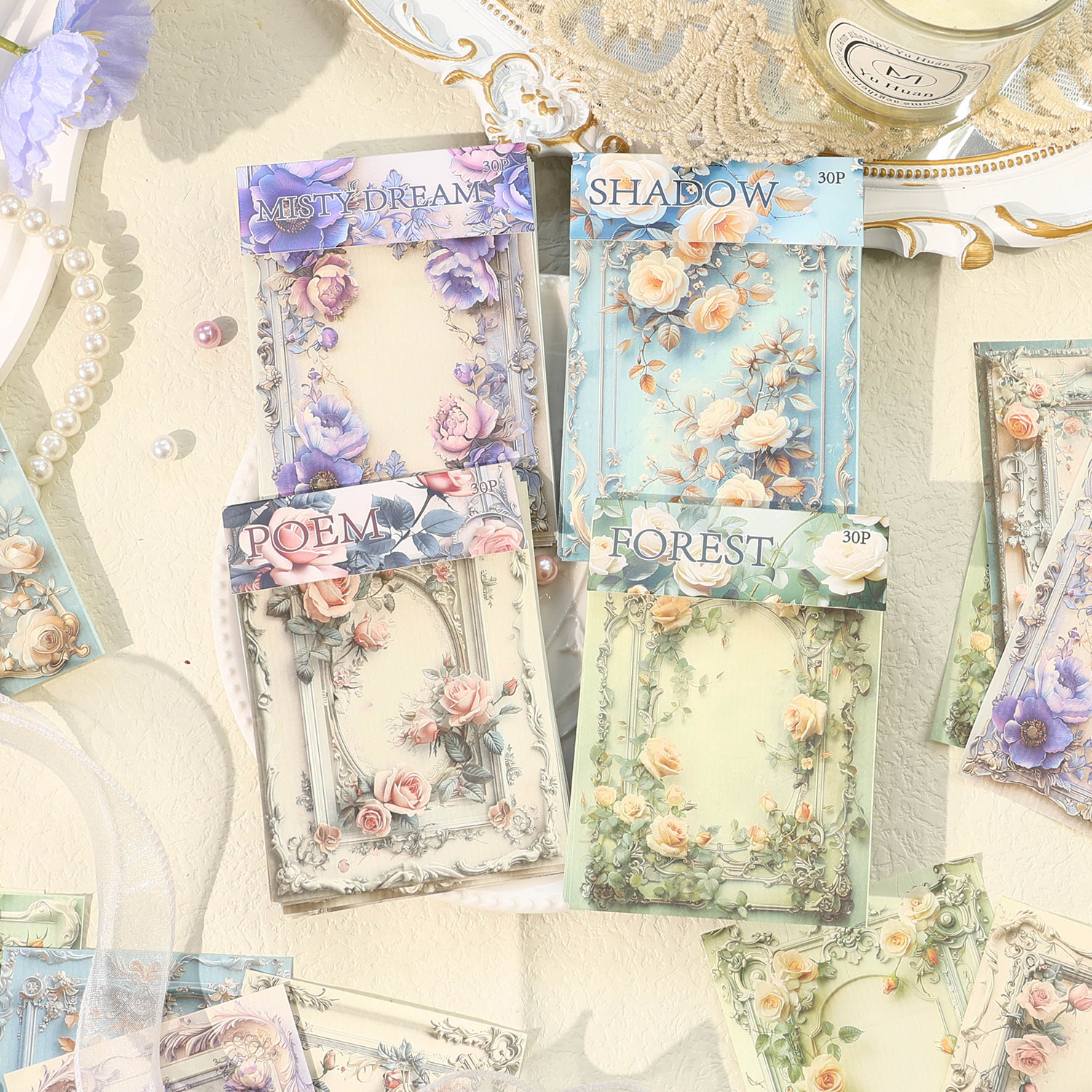 浮光花境系列便签纸30张入 复古花卉边框DIY手帐装饰打底背景纸