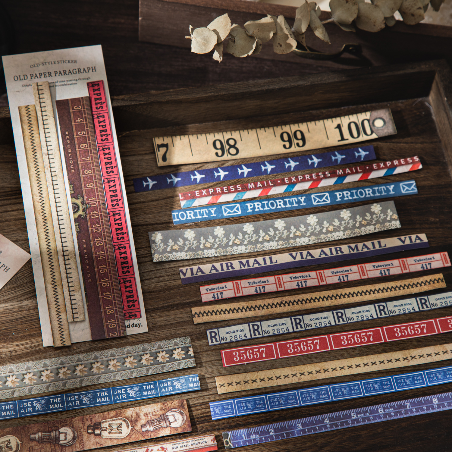 旧纸段落系列长条贴纸25张入 复古数字英文花卉手帐DIY素材装饰贴