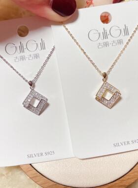 古丽古丽银饰通体S925纯银微镶锆石立体棱形方块时尚锁骨项链女潮