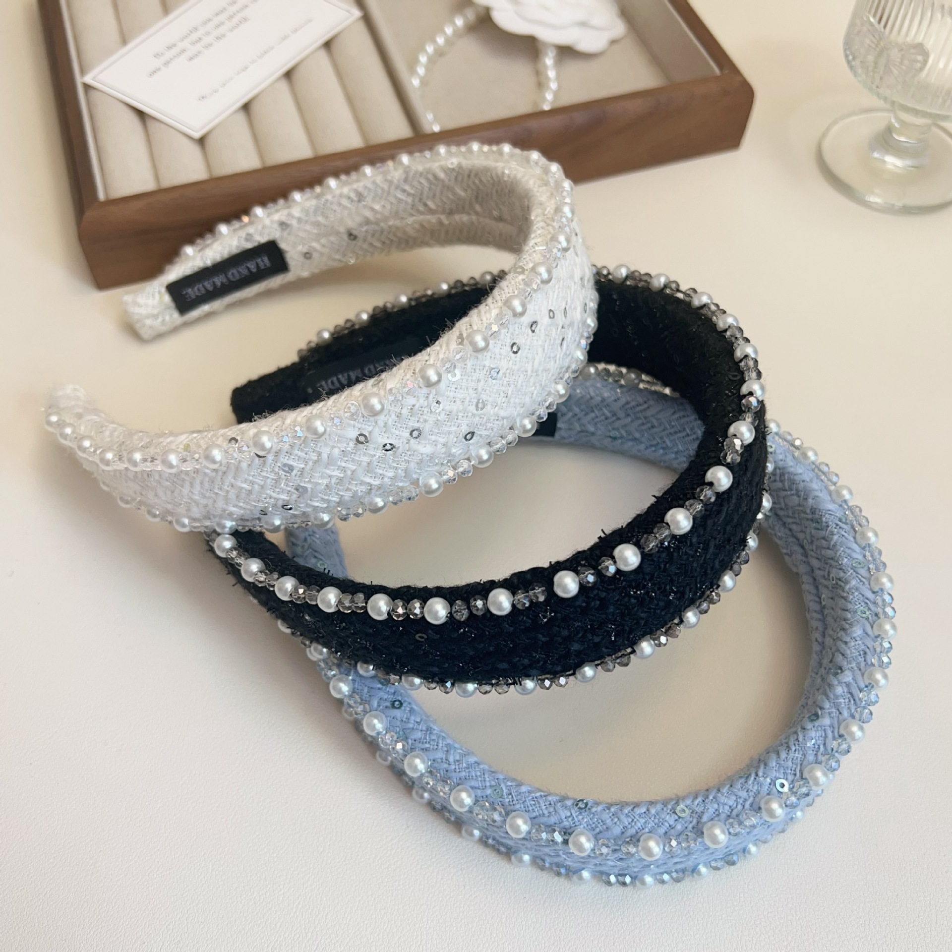 小香风格！重工毛线珍珠发箍感宽边头箍高颅顶气质压发发饰女