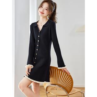 MONLOUVE黑色针织连衣裙女秋冬2025新款高级感中长款冬天配大衣的