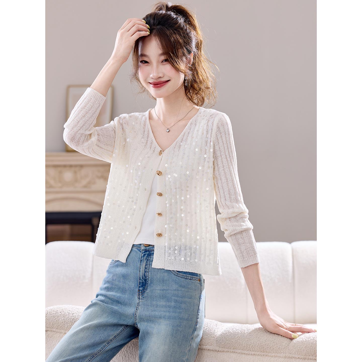 MONLOUVE秋装2025新款亮片坑条针织小开衫女短款设计感白色外套女