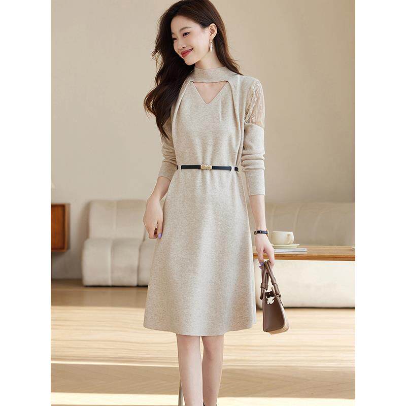 MONLOUVE秋冬针织连衣裙女新款轻奢高级感毛衣裙女中长款冬天配大