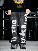 BLACK8MOB 2023FW字母刺绣水洗破坏牛仔裤 复古宽松美式 长裤 潮