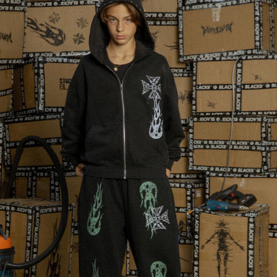【BLACK8MOB】2024AW 拼钻十字架火焰印花 双色连帽拉链卫衣 外套
