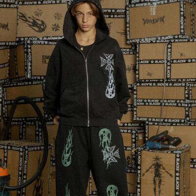 【BLACK8MOB】2024AW 拼钻十字架火焰印花 双色连帽拉链卫衣 外套