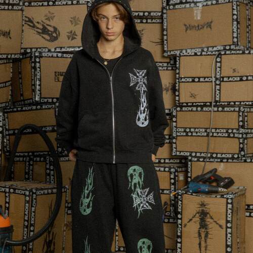 【BLACK8MOB】2024AW 拼钻十字架火焰印花 双色连帽拉链卫衣 外套
