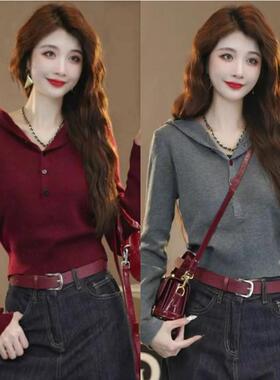 安可拉红色连帽针织衫春秋女2025年新款流行穿搭欧货套头毛衣上衣