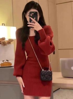 秋冬季女装小香风法式漂亮新年战袍圣诞小个子红色针织毛衣连衣裙